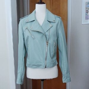 Dex Moto Jacket Faux Leather Notched Collar Lapels Sage Mint Green M